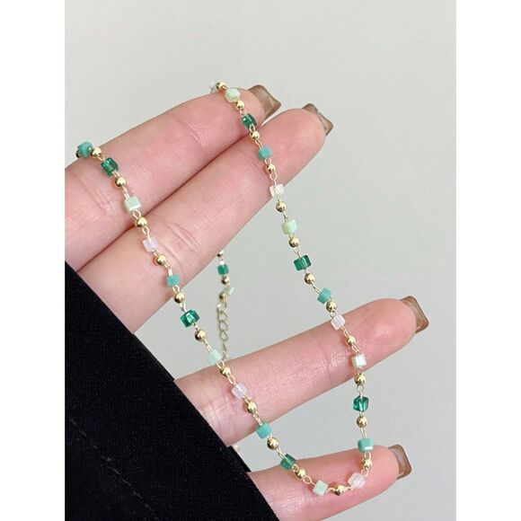 Emerald Green Crystal Stone Bead Chain Choker Adjustable Necklace Goldtone 16" - Picture 6 of 8